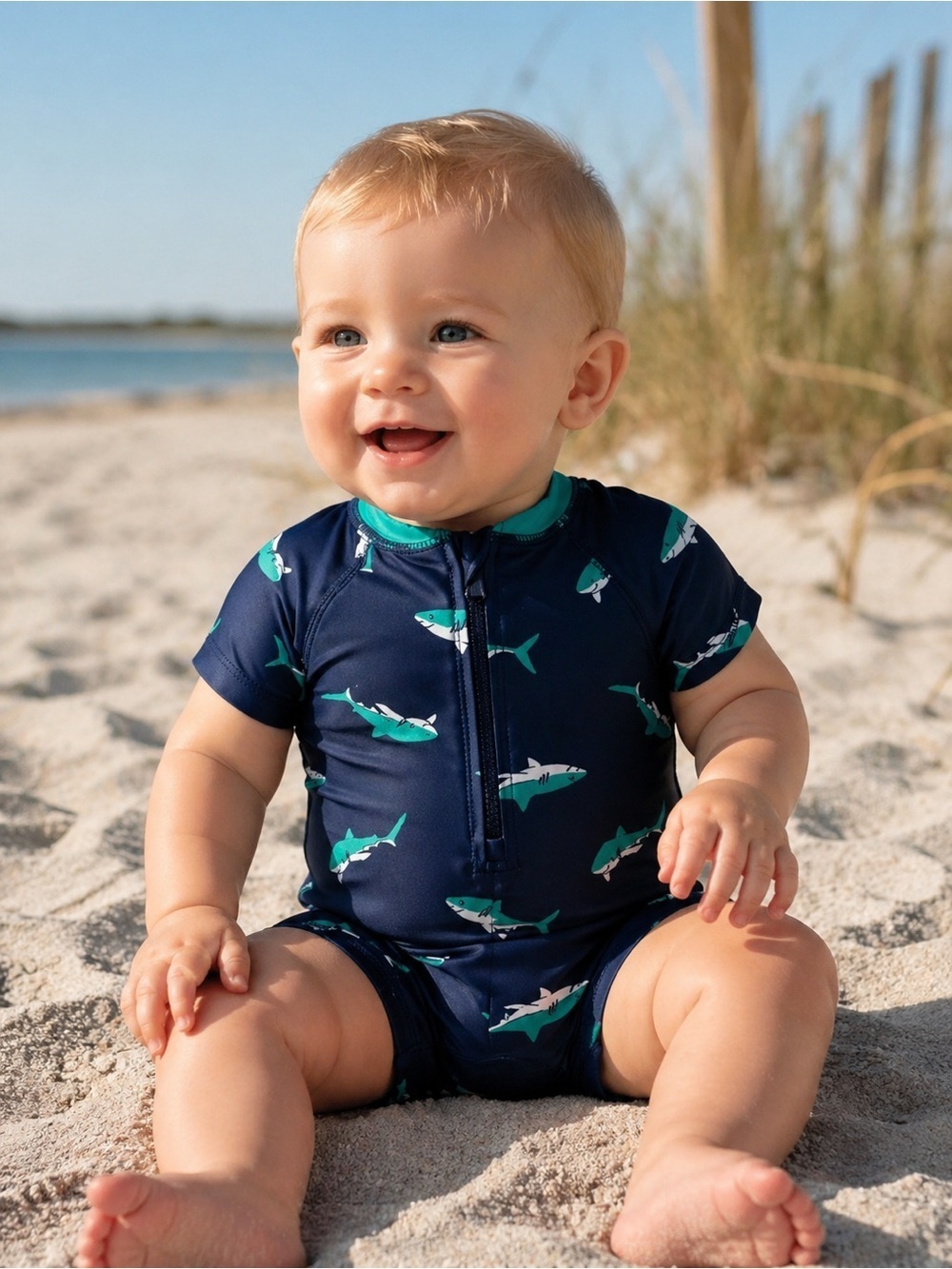Old Navy Shark Swimsuit Zip Up One Piece Sz. 3-6m Navy Turquoise NWT